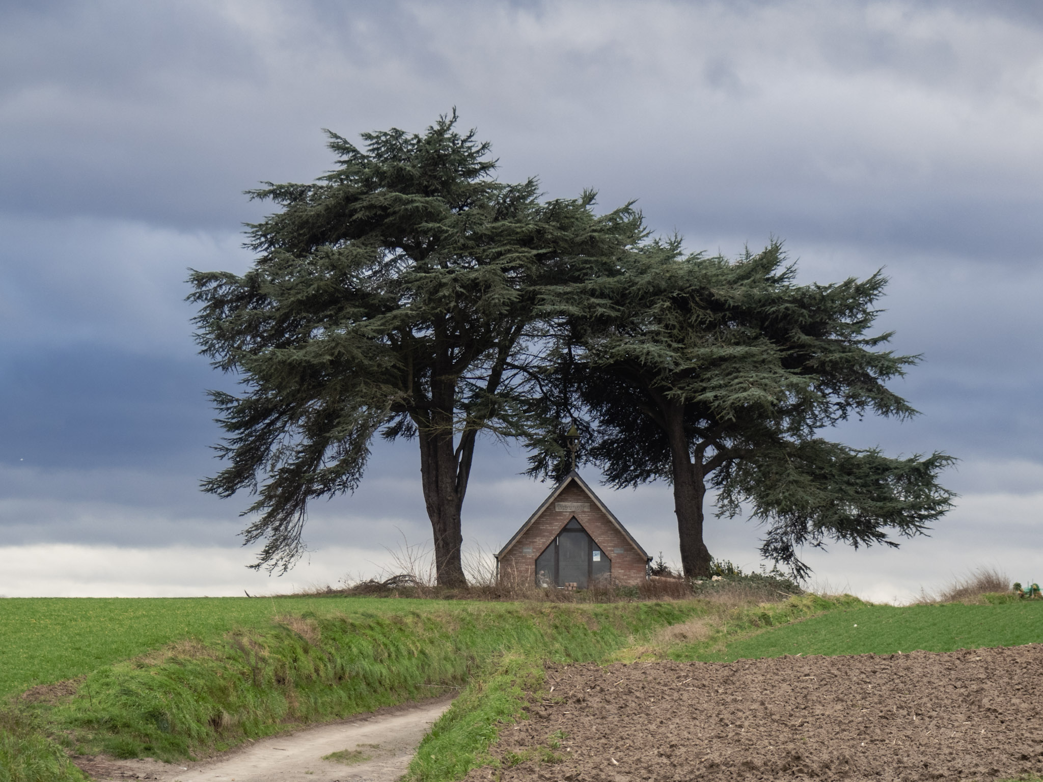 Kapel onder bomen in de velden