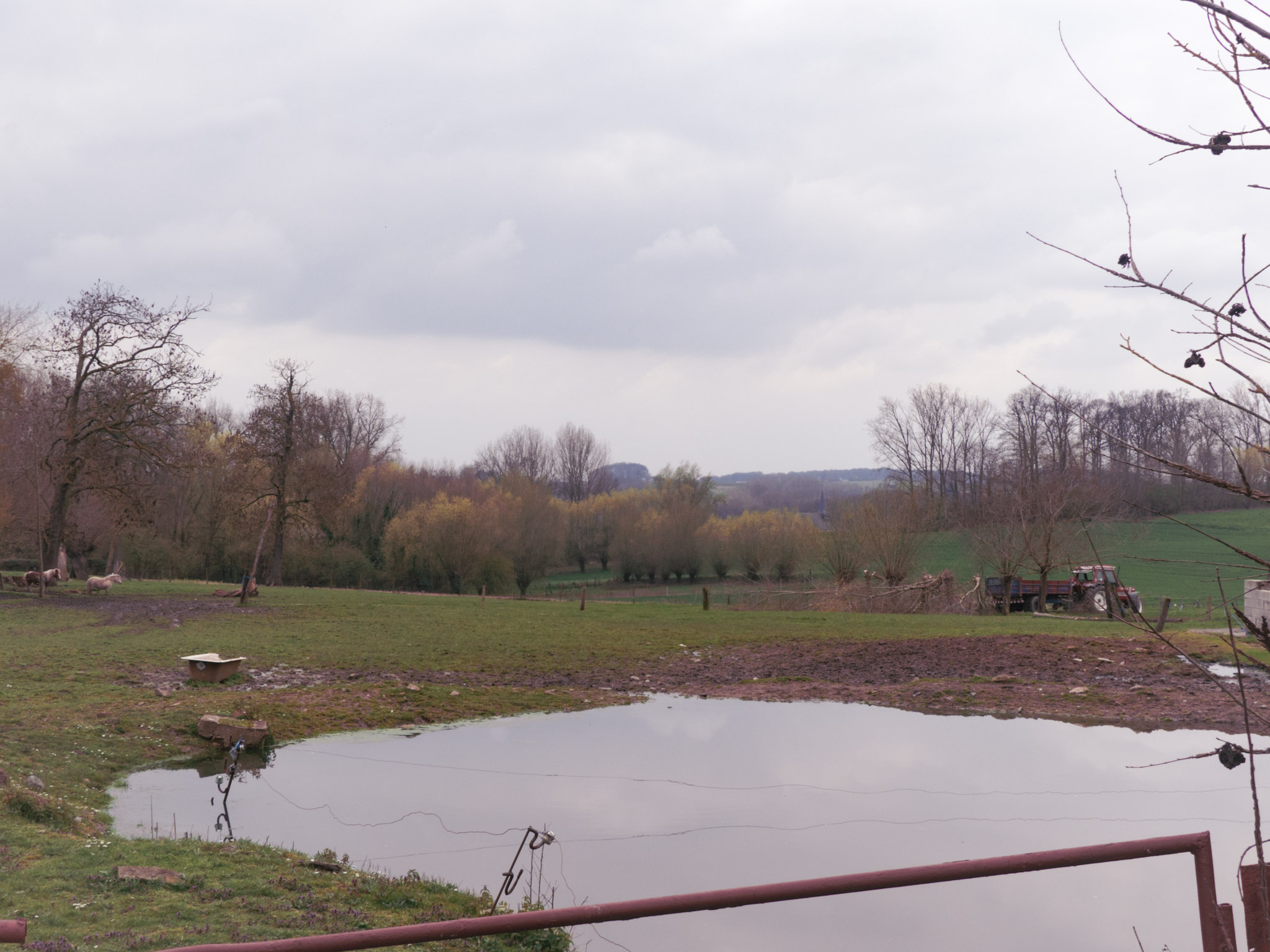 Uitzicht over een grote plas in de velden 